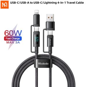 (For iPhone 8-16 Series)Mcdodo USB-C/USB-A to Type-C/Lightning 4-in-1 PD 60W fast charging Travel Cable with Digital Display Support lOS & Android Fast Charging for iphone 11 12 13 14 15 16 pro max MacBook Huawei 60 70 Samsung S24 Xiaomi 14 Honor 200