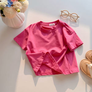 Childrens Cotton Short-Sleeved Solid Color Sports Casual Round-Neck T-Shirt Summer Breathable Soft Kids Basic Top