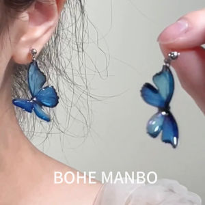 Dreamy Gradient Blue Butterfly Earrings Fashionable Versatile Elegant Sensation Alloy Jewelry for Women Fresh out New Style