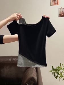 La Chapelle | Contrast Color Illusion Two-Piece Short Sleeve T-Shirt for Women Slimming Off-Shoulder Top