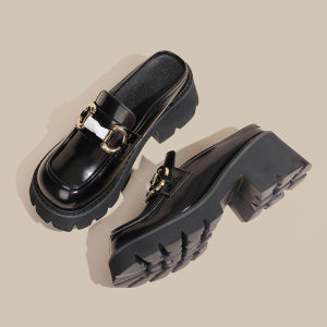 Womens Summer Outdoor Wear Chunky Heel Slip-On Shoes round Toe Comfortable Rubber Sole High Heels Large Size 41-43