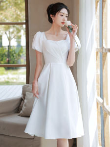 Hebe Style White Mini Dress Slimming Wedding Dress Bridesmaid Dress Registration Dress Summer Elegant Zipper High Waist Polyester Fibre