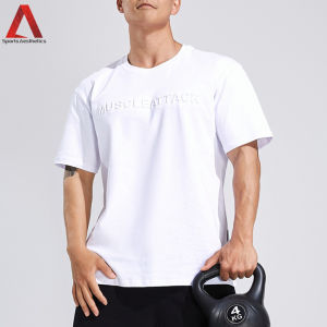 Mens Sports Casual T-shirt 3D Embossed Letters Fashion Summer Cotton Short Sleeve Top