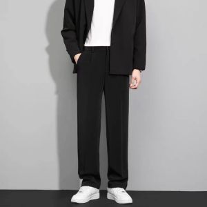 Black Straight Leg Mens Summer Ice Silk Thin Casual Loose Long Pants Spring Autumn Trendy Brand Drapey Suit Pants