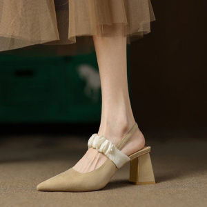 Gentle Wind French Net Fairy Style Pointed Toe Thick Heel Womens Sandals Summer New Fashion Low Cut Pearl Embellished High Heels