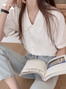 White Short-Sleeved Shirt for Women Work Clothing Interview Summer Small Shirt Doll Collar French Polo Collar Top Clothes Summer