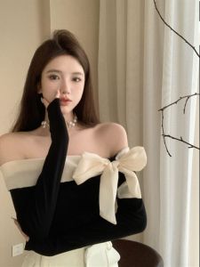 Áo Thun Nữ Tay Dài Ôm Vừa Vặn Pure Desire Một Bên Vai Thắt Nút Bướm Thiết Kế Ngắn Mùa Xuân Thu Màu Tương Phản