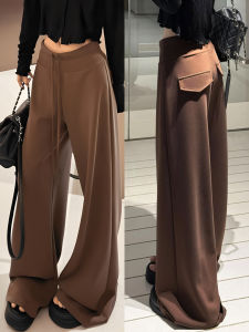 American Brown Low Waist Sports Pants Womens Autumn Winter High Waist Slimming Sweatpants Lazy Style Fleece Wide Leg Pants
