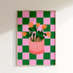 BILIBILI | 1pc Modern Minimalist Vase Art Print - Pink and Green Checkered Background with Orange Flowers Unframed Canvas Wall Decor