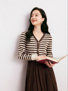 Koradior | Multicolor Striped Simple Merino Wool Womens Knitted Cardigan