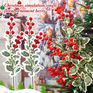 10PCS Christmas Holly Berries Green Leaves Branches Red Berry Ornaments Christmas Tree Decor DIY Wreath Artificial Fake Flowers New Year Dining Table Decor