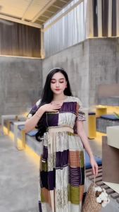 COD Dress Model Kimono Rayon Motif Kotak Abstrak Busui Kancing Depan Tali Samping Devino Style