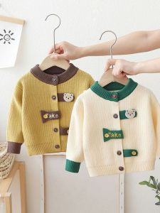 Boys Spring Autumn Knitted Sweater Baby Cartoon Cardigan High Collar Long Sleeve Soft Fabric Korean Style Childrens Knitwear