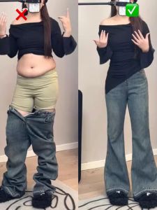 กางเกงยีนส์ทรงตรงเอวสูงสีน้ำเงินสไตล์ย้อนยุคสำหรับผู้หญิงไซส์ใหญ่ กางเกงขายาวทรงตรงทรงเข้ารูปสำหรับฤดูใบไม้ร่วง