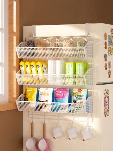 Kitchen Fridge Organizer Rack Multifunctional Side Storage Basket Spice Bottle Holder Wall Mounted Carbon Steel Shelf
