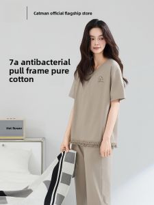 miiow | Cat Woman Summer Sleepwear Set Pure Cotton Short Sleeve Long Pants Thin Style Home Clothes Outdoors Princess Style Casual Wear