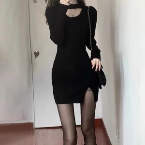 HUOLISI | Elegant Long Sleeve Black Knit Halter Dress