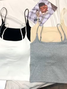 SelfLoveBuying X681 Korean Style Square Neck Pure Cotton Womens Vest with Chest Pad Street Style Tube Top Summer light-thin sling vest with chest pad Casual Fabric Womenswear Crop Top Short Basic Comfort Lady