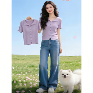Shalldoer | Stylish Slimming Purple Polo Short Sleeve Knit Top