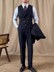 Commuting Banquet British Navy Blue Sleeveless Waistcoat Double Breasted Vest