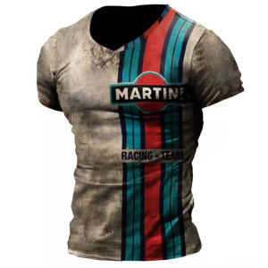 New European and American mens retro striped printed micro elastic breathable round neck T-shirt summer outdoor casual top