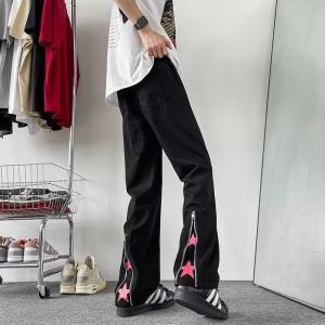 Black Zipper Star Mens Jeans High Street Summer Trendy American Brand Flared Long Pants Wear Resistant Straight Tube Fit