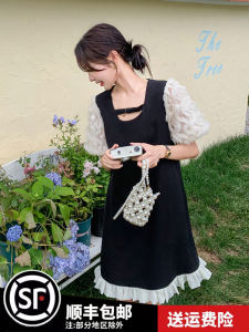 Design Sensation Little Black Dress Womens Summer New Style French Fragrance Atmosphere Lady Date Skirt High Waist Bubble Sleeve