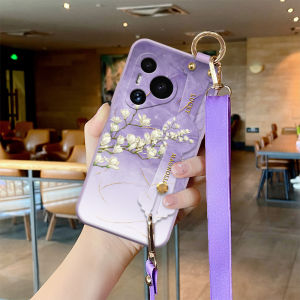 Huawei Pura70 pro Womens Phone Case Fresh Style Protective Cover with Wrist Strap Full Protection Green Plum Blossom Design