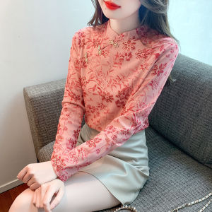 YIGE 2023 Autumn New Fashion Slim Long Sleeve Standing Neck Button Chinese Top Printed Mesh T-shirt Large Fragmented Bottom Shirt Women