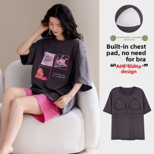 Miiow | Pure Cotton One-Piece Summer Sleepwear Short Sleeve Womens Home Clothes Set With Chest Pad No Bra Needed Short Pants