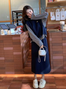 Olive Green Striped Sweatshirt Set Womens Autumn 2024 New College Style Anti-Aging Vest Mini Skirt Three-piece Set