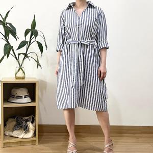 ●ECLAIRE● 063 Dress Midi Lengan Panjang Longsleeves Vneck Motif Salur Garis Stripe Kerja Kantor Kasual Casual Semi-formal Basic lxo