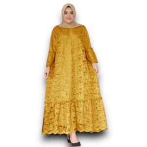 JUMBO SIZE GAMIS DELINDA/ SIZE M-L-XL-2XL-3XL-4XL-5XL/ BUSUI FULL BRUKAT TULANG GLITER LAPIS FURING
