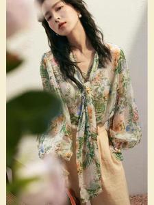 Womens Clothing Export Italy European Goods Big Sale Cut Label Tail Single French Big Brand Export Foreign Single Floral Chiffon Shirt for Women