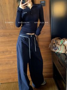 กางเกงขากว้างเอวสูง 8/28 พร้อมกระเป๋าสําหรับผู้หญิงเสื้อผ้าทํางานลําลองพร้อมสายรัดเอวพิมพ์ลายดาวเพื่อผลกระชับสัดส่วน