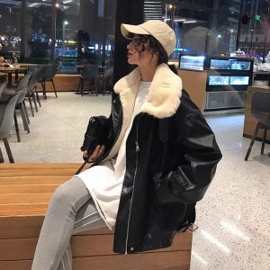 WANGGONGZHU | Womens Black PU Leather Jacket Coat Integrated Fur Loose Casual Biker Style Autumn Winter New Korean Version Long Sleeve
