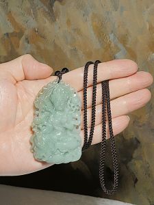 Natural untreated Burma Jade (Type A Jadeite) light bluish light greenish  Green Tara (Guan Yin with Lotus) Jade pendant/handheld (with certificate) [Natural Crystal] 翡翠淡蓝绿精工雕刻绿度母(莲花观音)吊坠/手把(带证书)