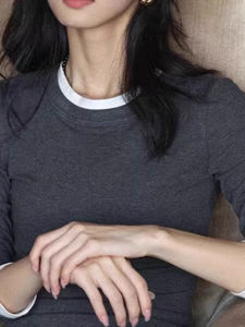 chaqi | French Color Block Long Sleeve T-Shirt Womens Slim Fit Casual Style Autumn Winter New Fashion Top Soft Comfortable Simple Design