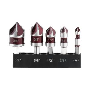 5PCS Countersink Drill Bit Set 1/4" 3/8" 1/2" 5/8" 3/4" Hex Shank Countersunk Deburring Drill Bits for Wood Metal Plastic