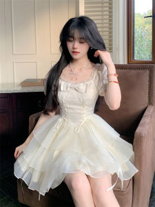 French Style Sweet Butterfly Knot Lace Summer Princess Dress Womens Miniature Puffy Skirt A-Line Skirt Short Sleeve Square Collar