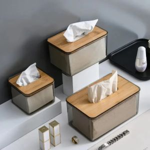 Nordic Minimalist Tissue Box with Wooden Cover / Transparent Tissue Dispenser / Modern Home Table Decoration