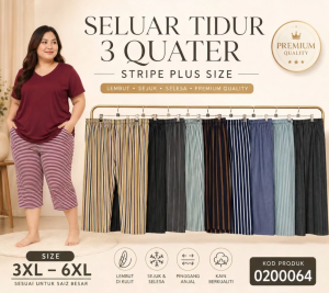 Women Plus Size Seluar Tidur 3/4 Stripe Sleep Pants Soft Cotton Elastic Waist Lounge Pants 3XL-6XL