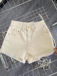 High Waist A-Line Short Jeans Womens Summer New Style Lace Trim Splicing Hot Pants Slimming Effect Casual Washed Denim Shorts