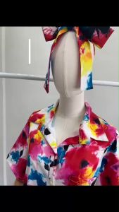 P22310 Set 3 ชิ้น เสื้อเชิ้ตแขนสั้น + กางเกง +สายโบว์ #พิมพ์ลาย