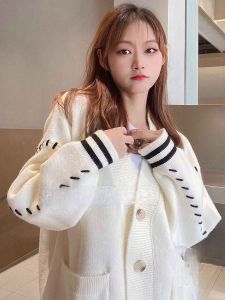 Thickened Bear Sweater Cardigan Women Coat 2023 New Lazy Wind Loose-Fitting Autumn/Winter Wear Knitting Sheep Wool Tops