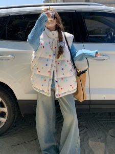 Double-Sided Wear Polka Dot Lamb Fur Cotton Vest Womens Warmth Outerwear Jacket Commute Style Regular Length Single Button