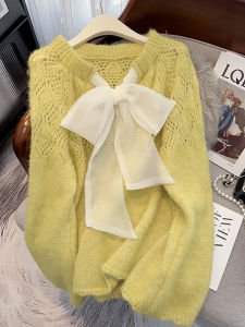 French Butterfly Knot Long Sleeve Knitted Sweater Womens Spring Autumn Loose Design Hollow out Anti-Aging Cashmere Sweater