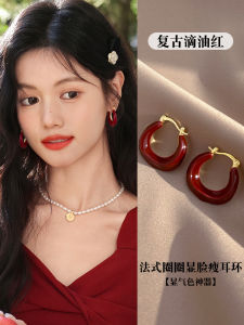 French Vintage Red Dripping Glaze Earrings Womens Pure Silver New 2025 Trendy Small Niche Design Earrings Fashion Jewelry