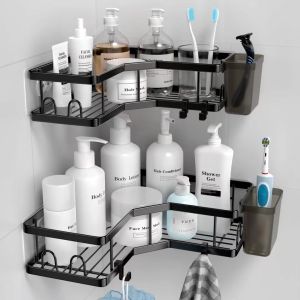 Bathroom Triangle Wall-Mounted Shelf Toilet Washroom Cosmetic Storage Rack No-Drilling Required Metal Double Layer Organizer