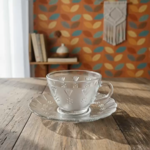 Set Ly & Đĩa Lót Thủy Tinh Vintage – Dung tích 160ml decor bàn trà thanh lịch